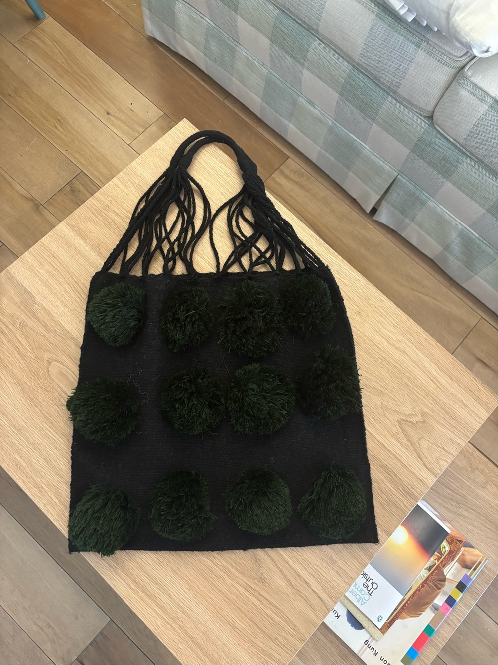 Wool Pom-Pom Tote Bag Green & black